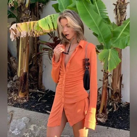 With Jean Andy Mini Dress - Maple Orange, Ruched Button-Down XS, - Picture 14 of 16